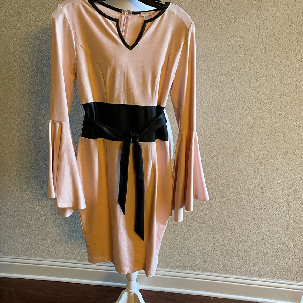 Venus Peach and Black Dress with Faux Leather trim and Midi. Size 8. Never wore.